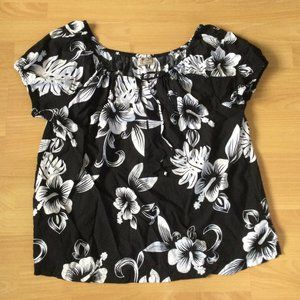 Aloha Hut 3X Hawaiian Shoulder Blouse Top Black and White Tropical Floral Print